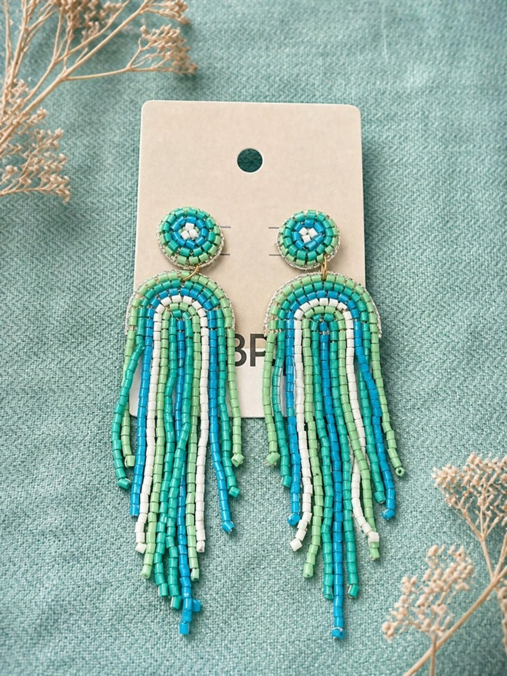 Nordstrom Beaded Fringe Drop Earrings in Aqua Green NWT